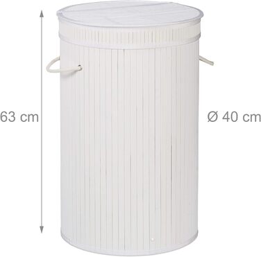 Relaxdays Wäschekorb Bambus, runder Wäschesammler mit Klappdeckel, 65 l, faltbare Wäschetonne, rund Ø 40 cm, (Weiß)