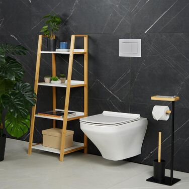 Relaxdays WC Garnitur, Bambus, Eisen, freistehender Klopapierhalter, Toilettenbürste mit Halter, schwarz/Natur