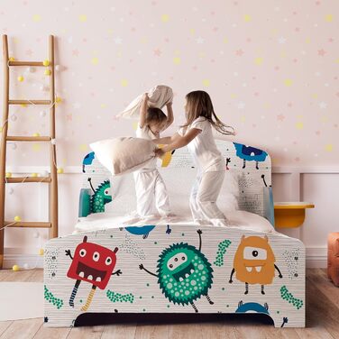 Relaxdays Kinderbett, HBT: 60x94x143 cm, Kleinkindbett mit Ablage, Rausfallschutz, Lattenrost, Monster-Motiv, MDF, bunt