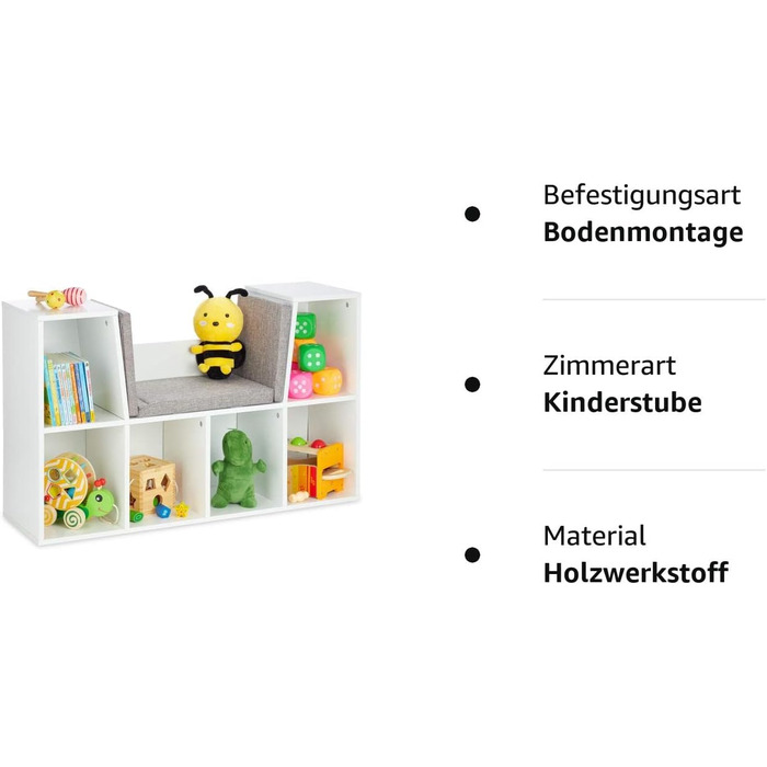 Relaxdays Bücherregal mit Sitzkissen, Kinderregal mit 6 Fächern, 63x103x30 cm, gepolstert, Sitzbank Kinderzimmer, weiß