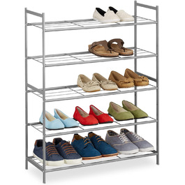 Relaxdays Schuhregal, Metall, 5 Ebenen, stapelbar, erweiterbar, HBT: 90x70x26 cm, 15 Paar Schuhe, silber