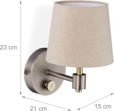 Relaxdays Wandlampe Vintage, dimmbar, mit Schalter, Stoffschirm, E14, 23x15x21 cm, beige/silber