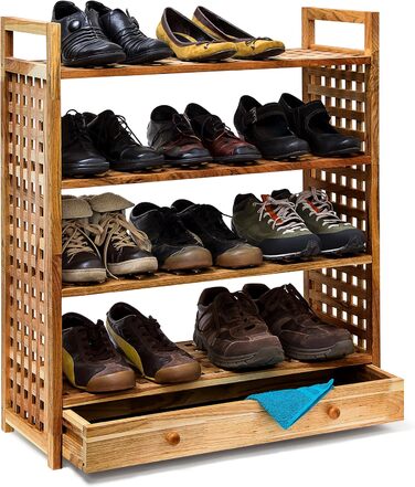 Relaxdays Schuhregal 81x70x27cm, 4 Böden, Schublade, geölt