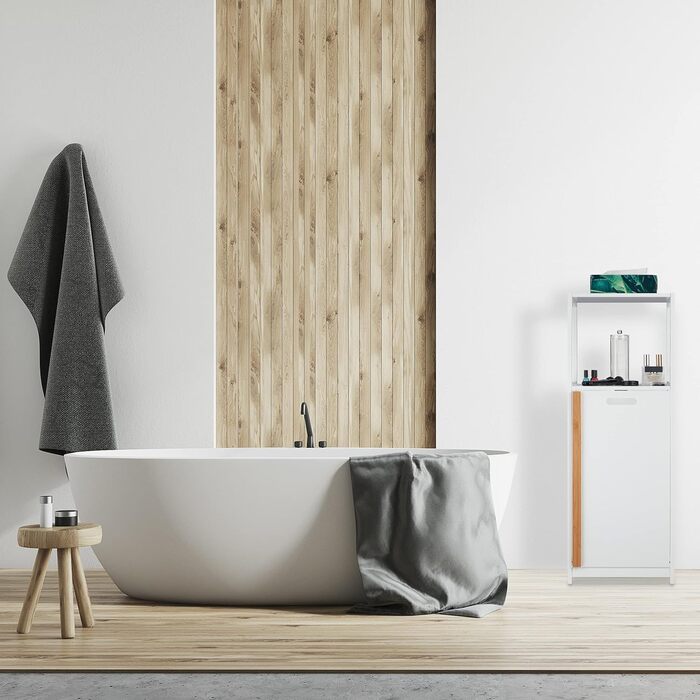 Relaxdays Badregal mit Wäschekorb, 2 Ablagen, kippbar, MDF & Bambus, 98x36x30 cm, weiß/natur