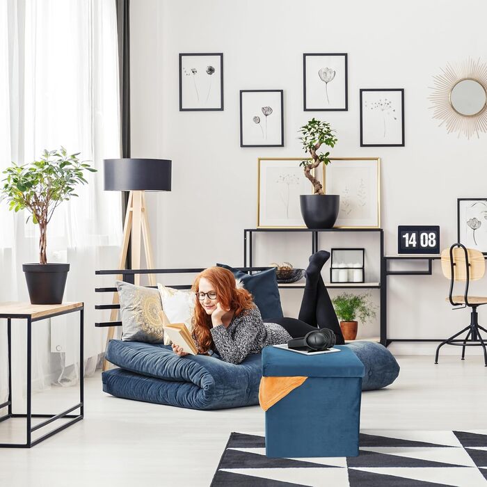 Relaxdays Sitzhocker, faltbar, 38x38x38 cm, Stauraum, MDF & Samt, blau