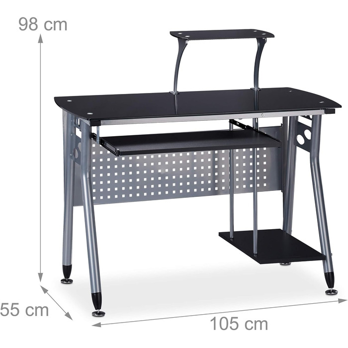 Relaxdays Computertisch, Glas, Tastaturauszug, Fach für Rechner, HBT 98x105x55 cm, modern, Schwarz