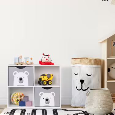 Relaxdays Kinderregal Bär, 2 Schubladen, 2 offene Fächer, H x B x T: 48 x 60 x 24,5 cm, Bücherregal Kinder, weiß/grau 48 x 60 x 24,5 cm Weiß/Grau
