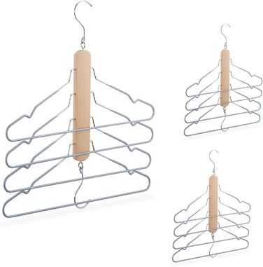 Relaxdays 3er Set Mehrfach Kleiderbügel, platzsparend, 4 Bügel mit Hosensteg, Holz/Metall, Antirutsch, Natur/grau