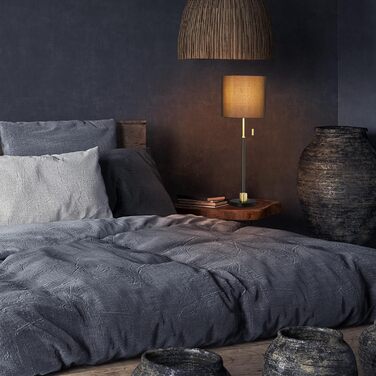 Relaxdays Tischlampe mit Zugschalter, elegante Nachttischlampe mit Stoffschirm, E27 Fassung, HD 69 x 24 cm, schwarz-gold