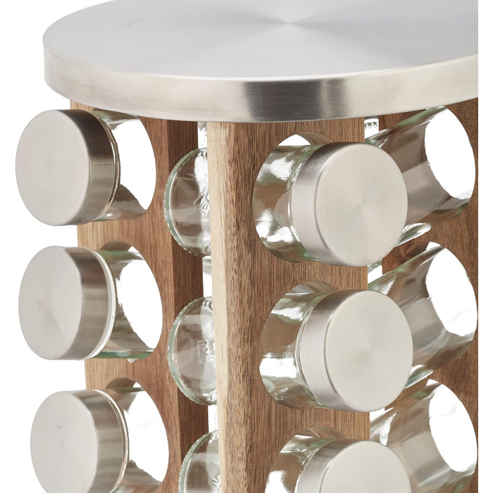 Relaxdays Gewürzkarussell, 20 Gläser, 360° drehbar, Regal HxD: 34x19,5 cm, Edelstahl & Holz, silber/natur