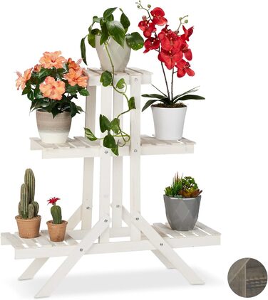 Relaxdays Blumentreppe Holz, 3 Stufen, 5 Ablagen, Shabby Chic, HBT: 83x83x28 cm, Weiß