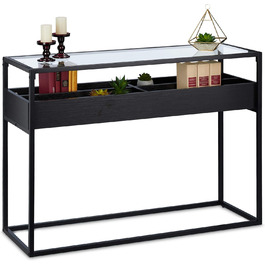 Relaxdays Konsolentisch, Glas Ablage, 4 Fächer, 80,5x110x40 cm, Metall, Flur & Wohnzimmer, schwarz