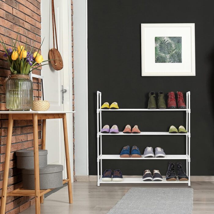Relaxdays Schuhregal, 4 Ebenen, Stecksystem, 16 Paar Schuhe, Flur, erweiterbar, Metall & Kunststoff, Schuhablage, weiß, 10036200_349