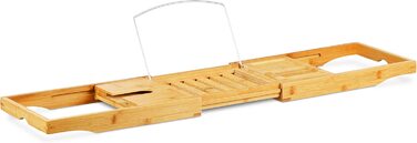 Relaxdays Badewannenablage Bambus mit Buchstütze HxBxT 17,5 x 70 x 22 cm, Weinglashalter, Badewannenbrett, Ablage, natur
