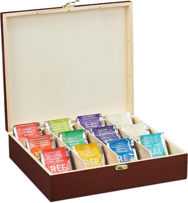 Relaxdays Teebox, 12 Fächer, Holz, Organizer, HBT: 7,5 x 29 x 26 cm, braun
