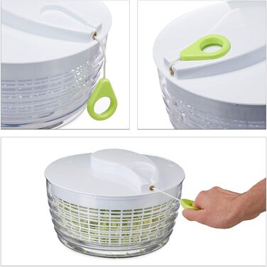 Relaxdays 10024697 Salatschleuder zum Ziehen, Profi Salad Spinner, großer Salattrockner, XXL Salatkarusssel 7 Liter, weiß-grün
