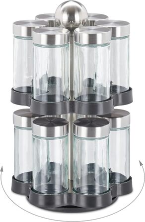 Relaxdays Gewürzkarussell, 12 Gläser, 360° drehbar, Edelstahl/Glas, HxD: 25,5x14 cm, Silber/Schwarz