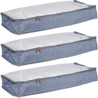 Relaxdays Unterbettkommode, 3er Set, Stoff, HxBxT: 14x100x45 cm, mit Sichtfenster, Unterbettbox flach, grau/transparent