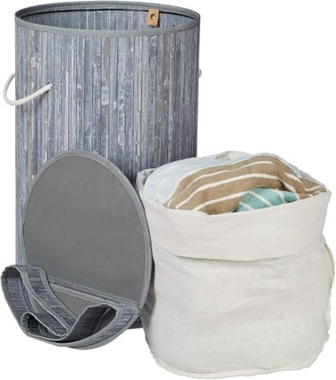 Relaxdays Wäschekorb Bambus, runder Wäschesammler mit Klappdeckel, 65 l, faltbare Wäschetonne, rund Ø 40 cm, (Grau)