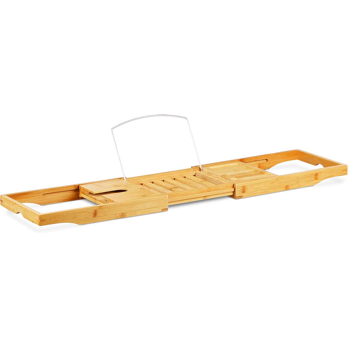 Relaxdays Badewannenablage Bambus mit Buchstütze HxBxT 17,5 x 70 x 22 cm, Weinglashalter, Badewannenbrett, Ablage, natur