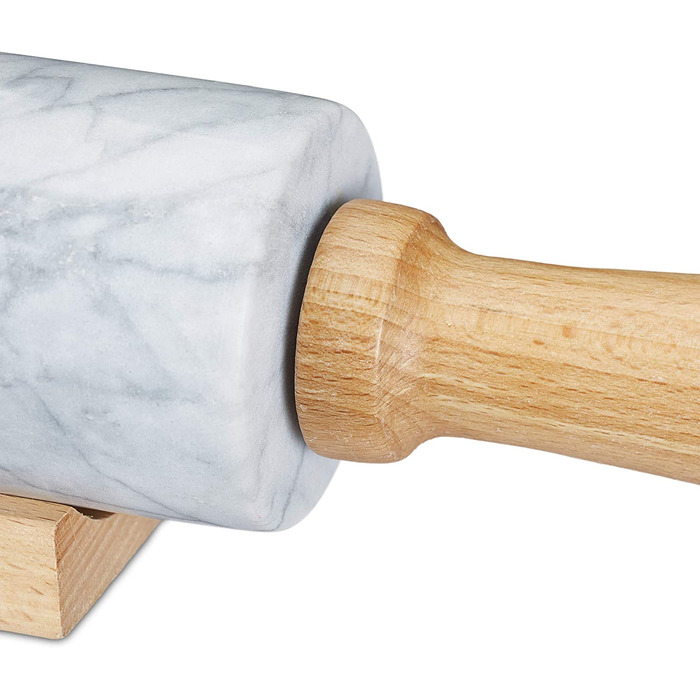 Relaxdays Nudelholz Marmor, Griffe aus Holz, Teigroller zum Kochen & Backen, mit Ablage, 48 cm, schwere Backrolle, weiß