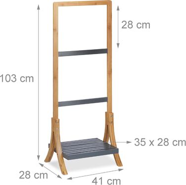 Relaxdays Handtuchständer, 3 Stangen, Ablage, 103x41x28cm, Bambus/MDF, Natur/Grau