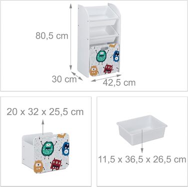 Relaxdays Kinderregal mit 3 Boxen, Monster-Motiv, Kiste mit Rollen, HBT: 80,5x42,5x30 cm, schmales Spielzeugregal, weiß, 10037514_0