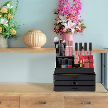 Relaxdays Make Up Organizer, 2-teilig, mit Schmuckkästchen, 3 Schubladen, Kunststoff, HBT 18,5x23,5x15 cm, schwarz-gold