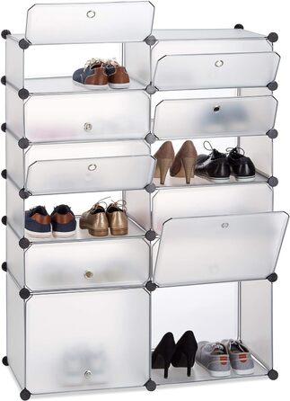 Relaxdays Schuhregal 12 Fächer, XXL Steckregal, mit Türen (Transparent)