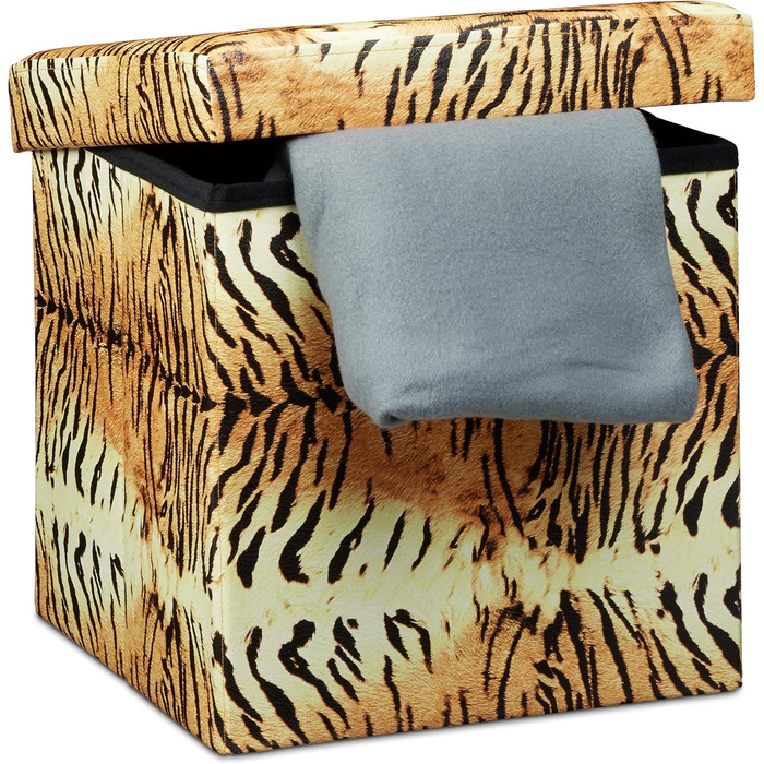 Relaxdays Faltbarer Sitzhocker 38 cm, stabil, trendige Motive, Kunstleder, Stauraum, Deckel, Tiger gelb