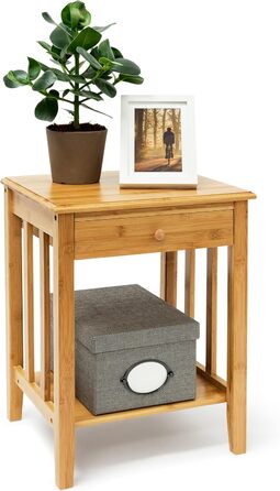 Relaxdays Bambus Beistelltisch mit Schublade H x B x T: ca. 51,5 x 40,5 x 30,5 cm Nachttisch aus robustem Holtz als schmale Nachtkonsole mit Schubfach als kleiner Tisch mit 2 Ablageflächen, natur Single
