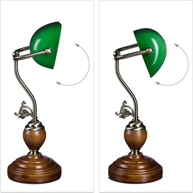 Relaxdays Bankerlampe Holzfuß grün Klassiker Schreibtischlampe – Retro Tischlampe Banker Lampe Messing-Optik & geschwungenen Verzierungen der 30er Jahre – Holz Gals Metall – 26,5 x 43 x 18 cm – E27