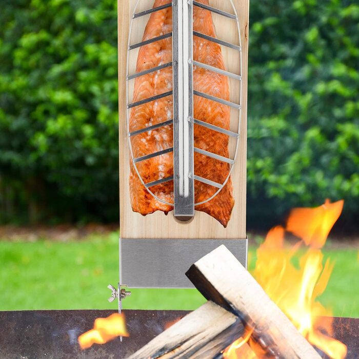 Relaxdays Flammlachsbretter, 2er Set, Zedernholz, neigbare Edelstahl Halterung, Räucherbrett HBT 57 x 20 x 5,5 cm, Natur