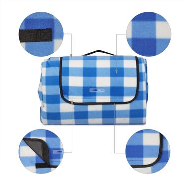 Relaxdays XXL Picknickdecke, 200x300cm, isoliert, wasserdicht, Karierte Fleece Stranddecke, weich, Tragegriff, blau-weiß