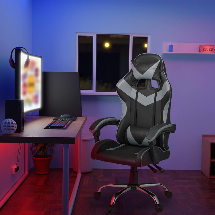 Relaxdays Gaming Stuhl, Racing Look, drehbar, höhenverstellbar, Kopf-& Lendenkissen, HxBxT: 133x68x60 cm, (Schwarz-grau)