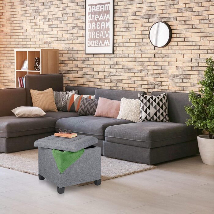 Relaxdays Sitzhocker mit Stauraum, 42x45x45 cm, gesteppt, Stoffbezug, Schaumstoffpolster, grau