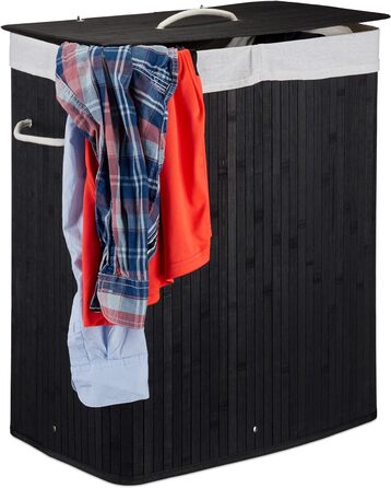 Relaxdays Wäschekorb Bambus, 2 Fächer, 95 l, faltbar, schwarz