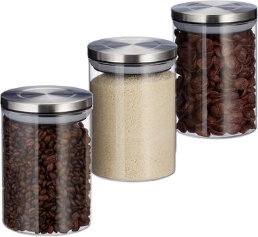 Relaxdays Vorratsglas 3er Set, 600ml, luftdicht, Edelstahl Deckel, für Müsli, Reis & Tee, 14x9.5x9.5 cm