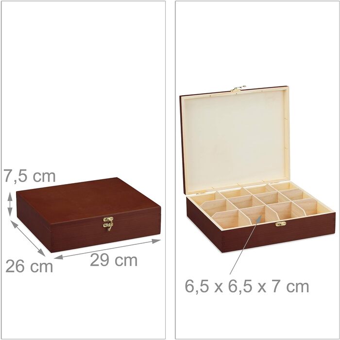Relaxdays Teebox, 12 Fächer, Holz, Organizer, HBT: 7,5 x 29 x 26 cm, braun