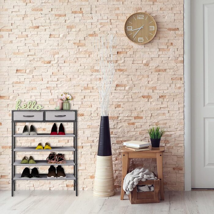 Relaxdays Schuhregal, 2 Schubladen, 4 Ablagen, 12 Paar Schuhe, offen, MDF, Stahl, HBT 95x72,5x35,5 cm, grau Design E