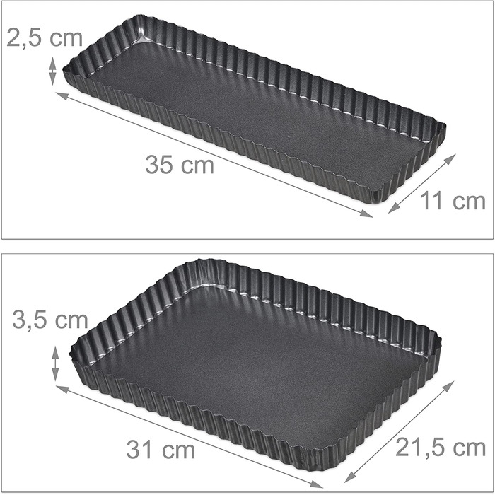 Relaxdays Tarteform, 2er Set, mit Hebeboden, antihaftbeschichtet, 2 Größen, rechteckig & länglich, Quicheform, anthrazit