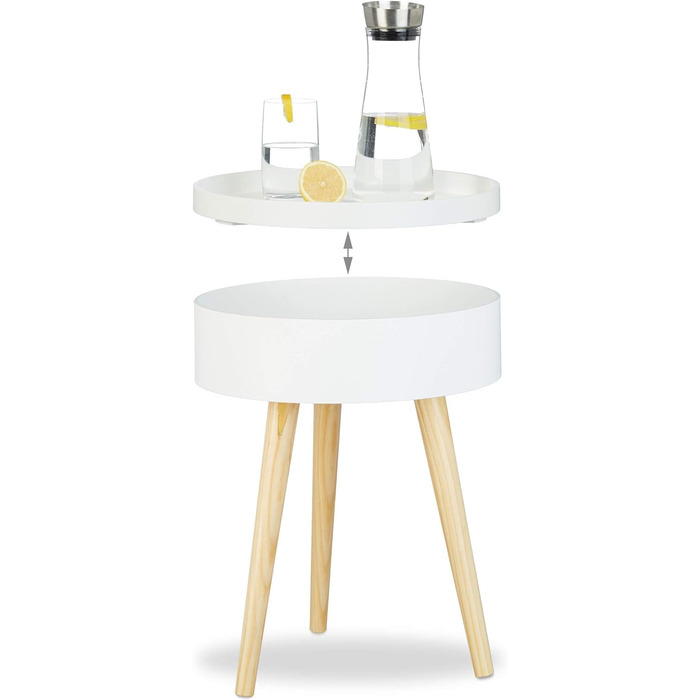 Relaxdays Beistelltisch rund skandinavisches Design, 70er, Nachttisch mit Tablett, Staufach, HxBxT: 50x38x38 cm, weiß Single