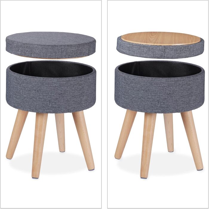 Relaxdays Sitzhocker mit Tischfunktion, Stauraum, 45,5x37 cm, Stoff, Holzbeine, grau/Natur