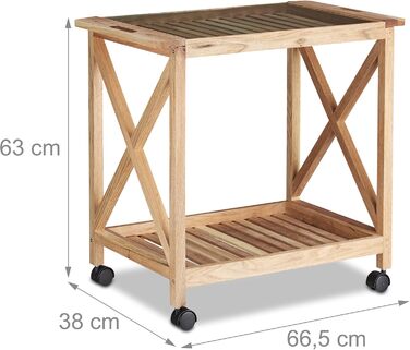 Relaxdays Küchenwagen Holz, 2 Etagen, Rollwagen mit Glasplatte, 63x66,5x38 cm, natur