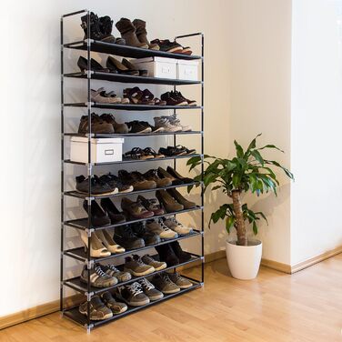 Relaxdays Schuhregal Stoff, HBT: 175,5x100x29 cm, für 50 Paar Schuhe, 10 Etagen, Stecksystem, XXL Schuhgestell, schwarz