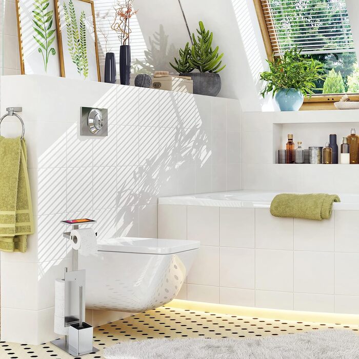 Relaxdays WC Garnitur mit Toilettenpapierhalter, Toilettenbürste u. Bürstenhalter, mit Ablage, HxBxT 69x25x18 cm, Silber
