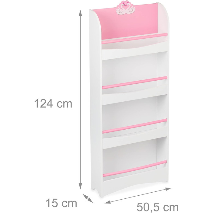 Relaxdays Bücherregal Kinder, HxBxT: 124 x 50,5 x 15 cm, 4 Fächer, MDF, Kinderbücherregal mit Schwan-Motiv, weiß/rosa