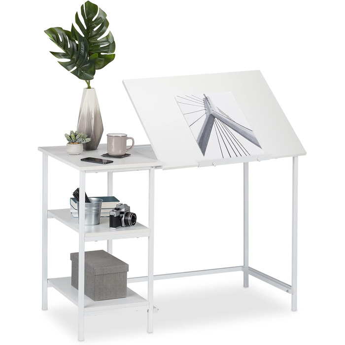 Relaxdays Schreibtisch neigbar, 3 Ablagen, mehrere Winkel, Computer- & Arbeitstisch, HxBxT: 75 x 110 x 55 cm, Weiß