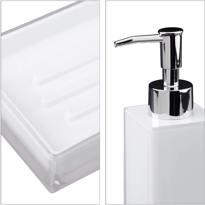 Relaxdays Badaccessoires Set 4-teilig, modern, Zahnputzbecher, Zahnbürstenhalter, Seifenspender, Seifenschale,  9 x 12 x 19.5 cm (Weiß)
