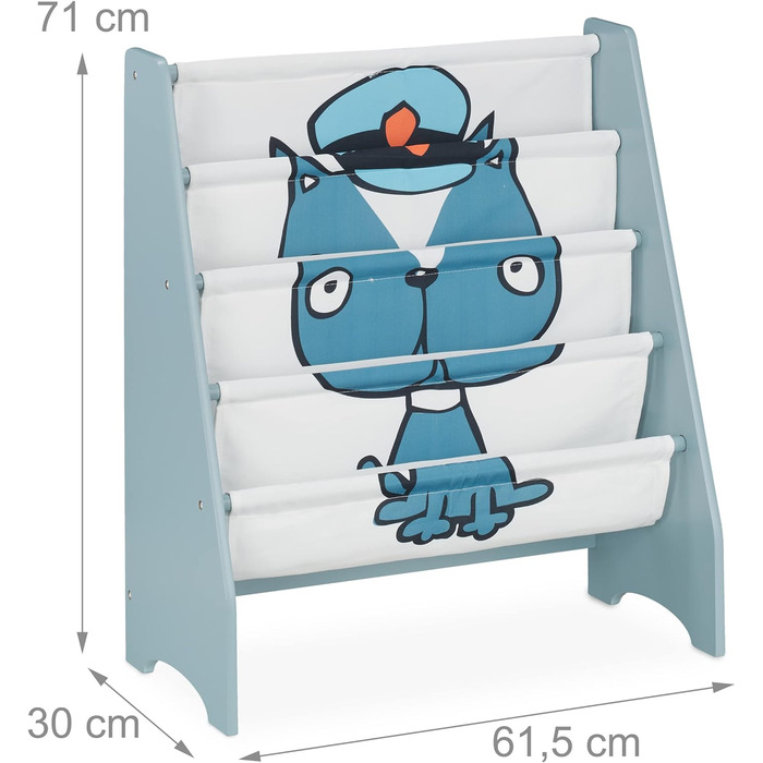 Relaxdays Bücherregal Kinder, HBT: 71 x 61,5 x 30 cm, Kinderbücherregal mit Hundemotiv, 4 Fächer, MDF & Stoff, blau/weiß